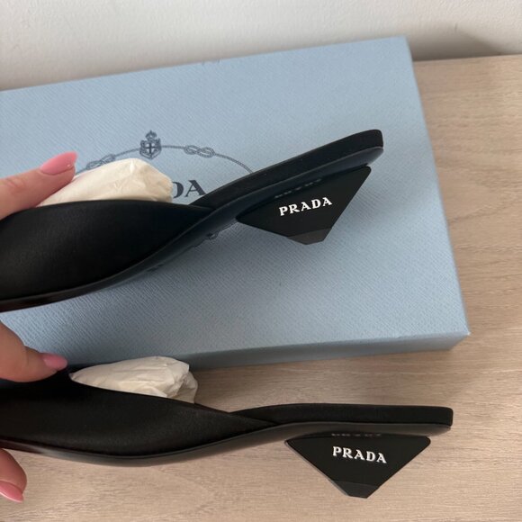 NWT Prada Slip-On Mules Black Satin Square Toe Leather Sole Triangle Heels Sz 36 - Picture 10 of 12
